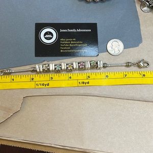 Spring colored gem floral silver colored pandora style slide charm bracelet, 8”